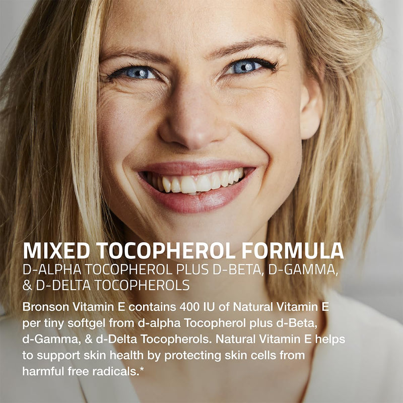 Bronson Natural Vitamin E Complex 400 I.U. Supplement (d-Alpha Tocopherol Plus d-Beta, d-Gamma, & d-Delta Tocopherols), Natural Antioxidant, 250 Softgels Unflavored 250 Count (Pack of 1) - BeesActive Australia