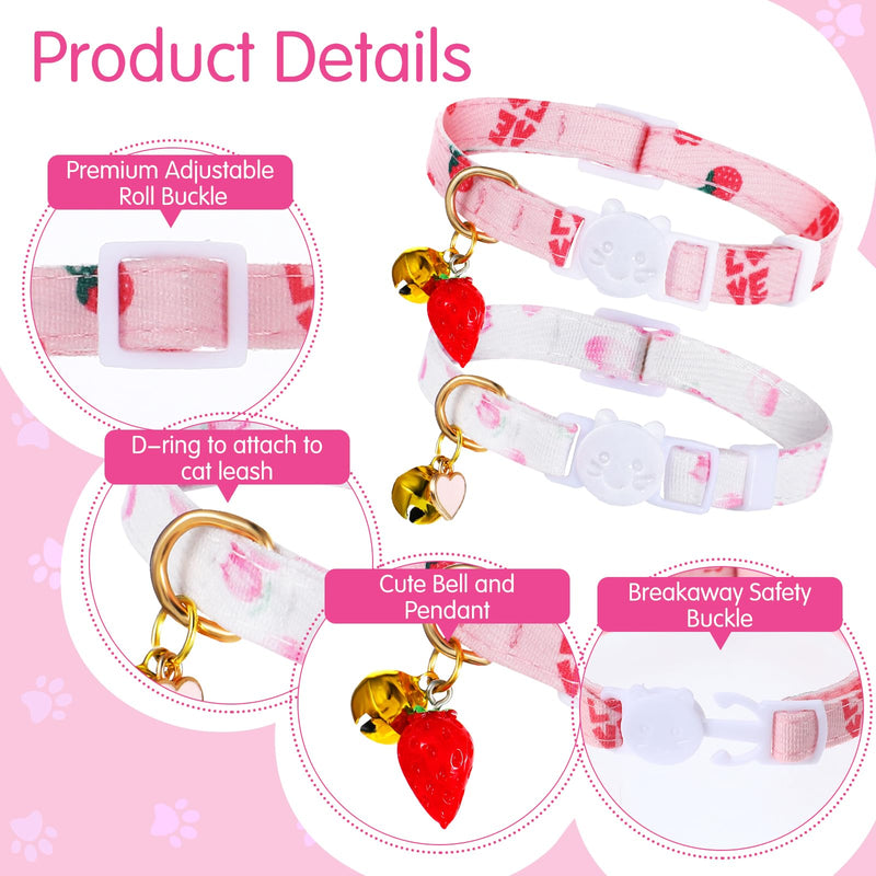 2Pcs Cat Collar with Bells, Breakaway Cotton Kitten Collars for Girl Cats, Pink Cute Cat Outfit Accessories with Strawberries and White Heart Shaped Pendant - BeesActive Australia