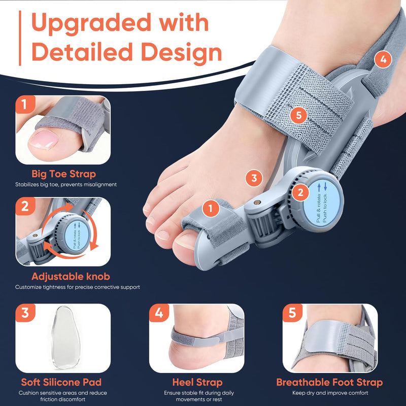 Bunion Corrector for Women & Men, Adjustable Knob Dual-Action Bunion Splint with Silicone Pad - Orthopedic Toe Straightener & Separator for Hallux Valgus Relief, Fits Left/Right Feet (Gray) Gray
