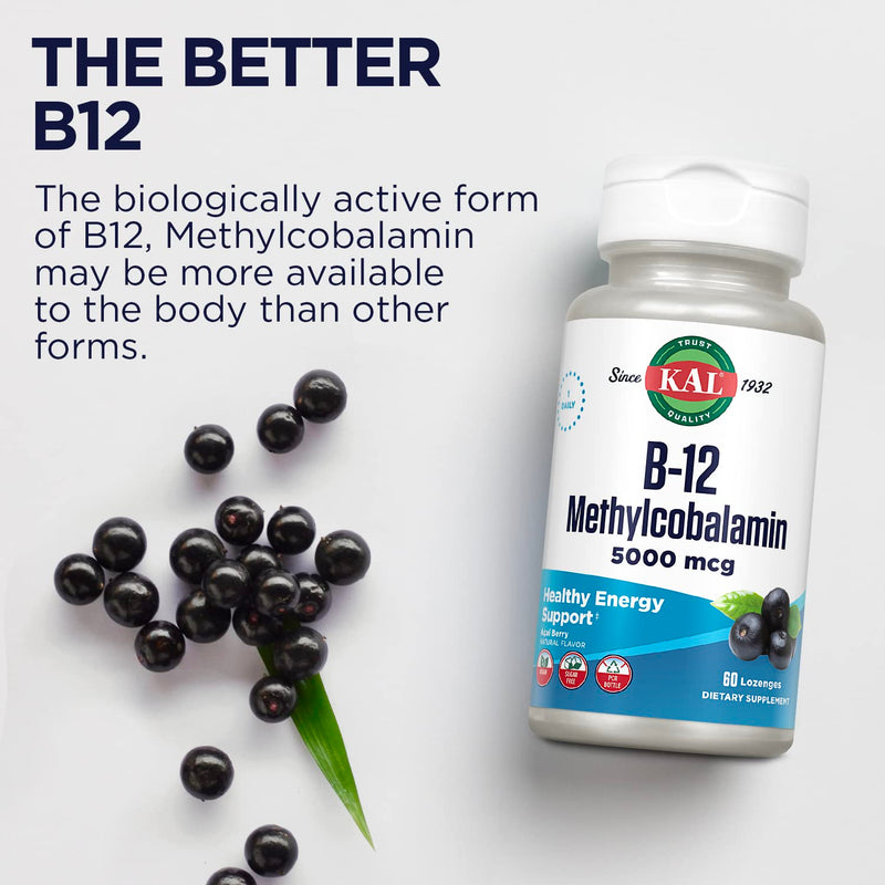 KAL Vitamin B-12 Methylcobalamin Lozenges 5000mcg, Healthy Energy, Metabolism, Nerve & Red Blood Cell Support,* Optimal Absorption, Natural Acai Flavor, Vegan, Sugar Free, 60 Servings, 60 Lozenges Acai Berry 60 Count (Pack of 1)