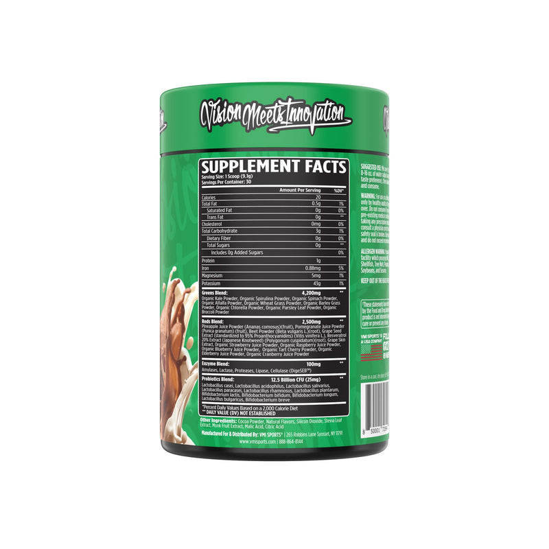 VMI Sports Greens + Reds Advanced Superfood Immunity and Gut Health | Enzymes & Probiotics | 30 Servings (Chocolate) | Superfood powder with greens reds enzymes and probiotics for convenient daily mixing with water or smoothies. Chocolate