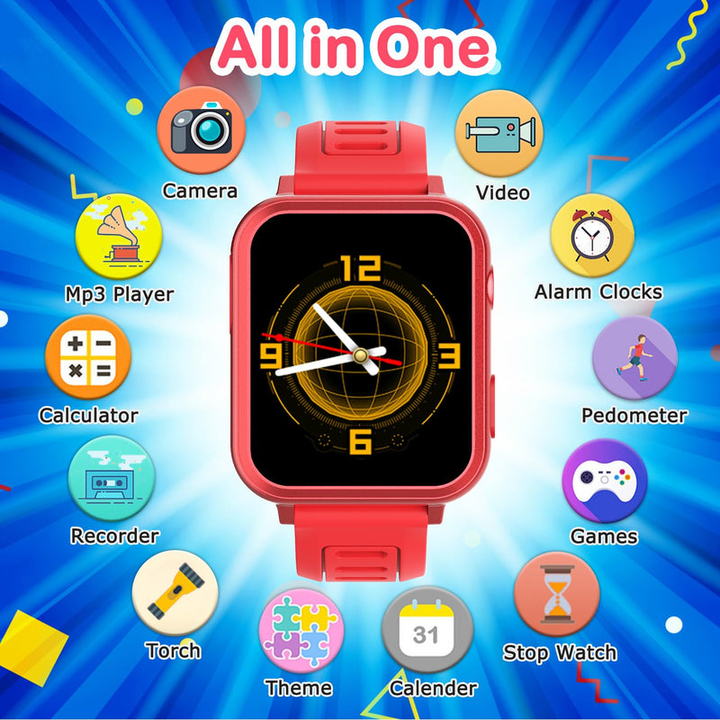 Cosjoype Kids Smart Watch Gift for Girls Age 6-12, 24 Puzzle Games HD Touch Screen Kids Watches with Video Camera Music Player Pedometer Audiobook 12/24 hr Toys for 7 8 9 10 11 12 Year Old Girls Deep Red
