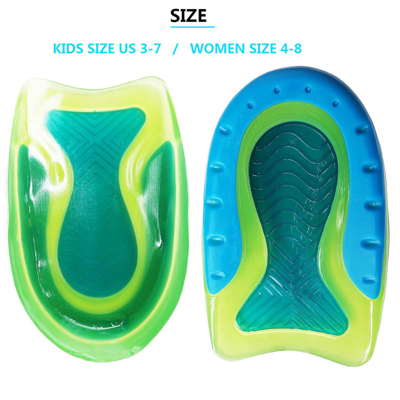 Kids Heel Cups for Heel Pain Sport Shock Absorbing Lightweight Gel Heel Inserts for Kid's with Sensitive Heels, Heel Spurs, Plantar Fasciitis, or Ankle Pain (2 Pairs Kid's Size 3-7 / Women 4-8) 2 Pairs Kid's Size 3-7 / women 4-8