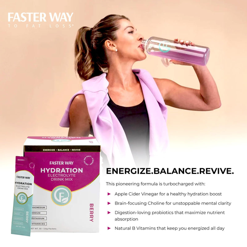 Faster Way - Hydration - Electrolyte Drink Mix - Berry - 30 Pack | With Apple Cider Vinegar, Choline, Probiotics & Natural B Vitamins - Powder Packets - Zero Sugars - Gluten Free