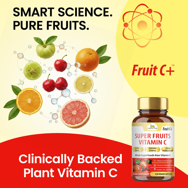 Organic Veda Super Fruits Vitamin C Supplement - Amla Fruit & Acerola Vitamin C Capsules with Bioflavonoids for Daily Immune Support - Organic Whole Food Fruit C+ Antioxidants Complex, 120 Vegan Pills