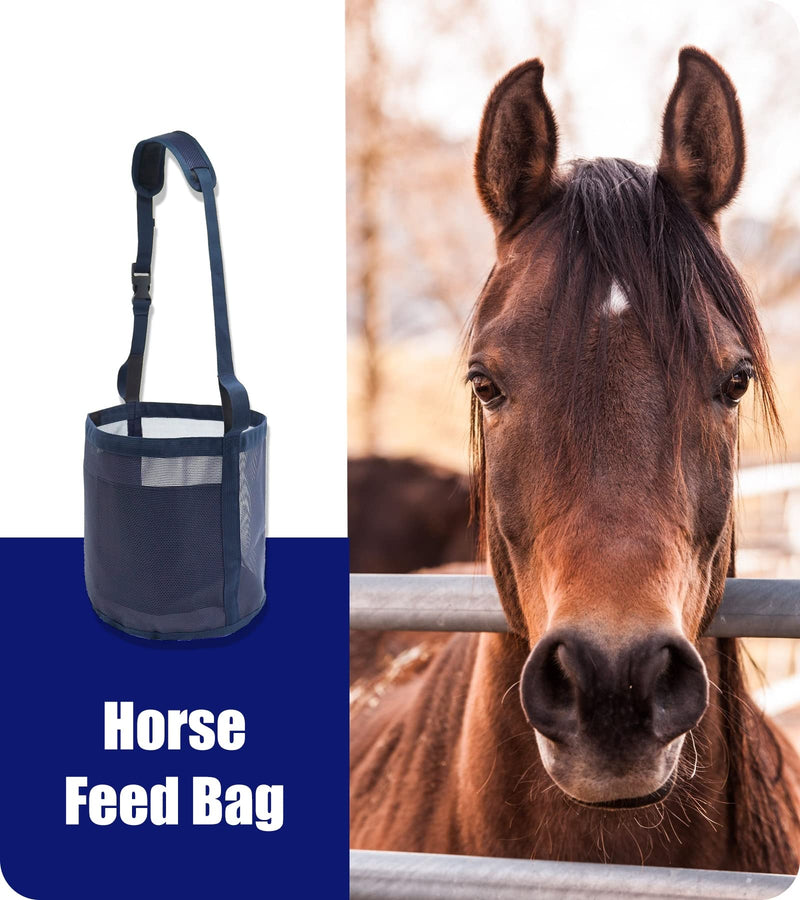 Horse Feed Bag for Grain Feeder - Heavy Duty Equine Mesh Horse Nose Bag, Blue Grazing Muzzle for Horses with Adjustable Strap,Comfort Neck Pad and Nose Pad and Waterproof Bottom(Medium,2PCSblue) 2PCSblue - BeesActive Australia