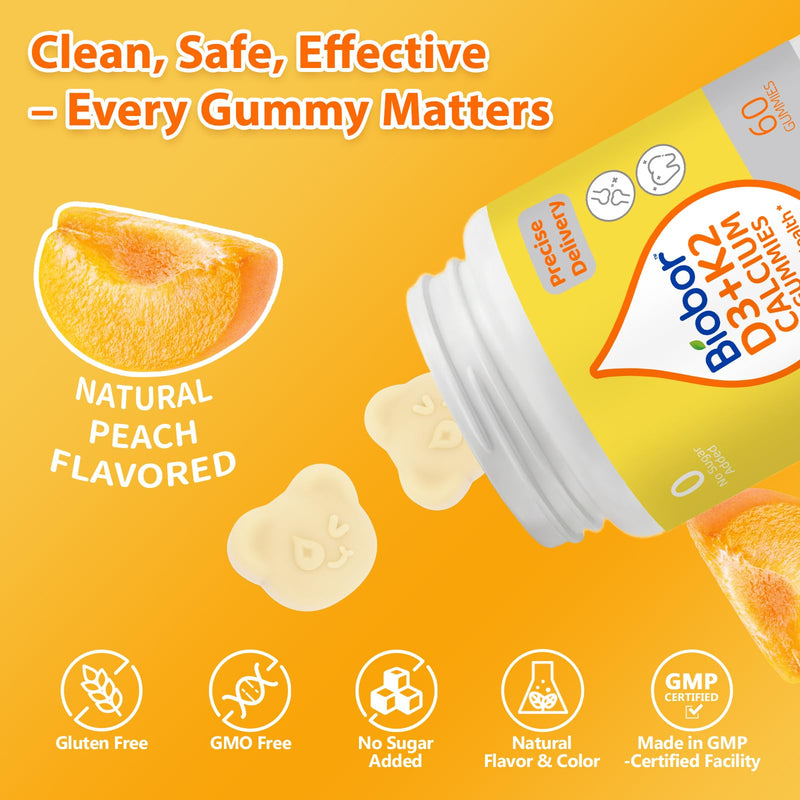 2 Pack Vitamin D3 K2 Calcium Gummies, 2000 IU D3, 200 mcg MK-7, 60 Count | Supports Healthy Bones and Immune Health. No Sugar Added, GMO Free, Gluten Free. Delicious Peach Flavor for Daily Wellness. Yellow Peach 60 Count (Pack of 2)