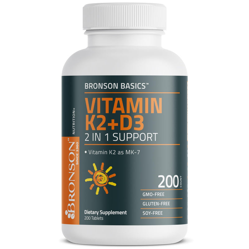 Bronson Vitamin K2 D3 (MK7) Supplement 2-in-1 D3 & K2 Complex, 200 Tablets | Bone, Immune & Heart Health Support, Gluten-Free, Soy-Free, Non-GMO, Vitamin D3 5000 IU (125 mcg) & 90 mcg K2 MK-7 200 Count (Pack of 1)