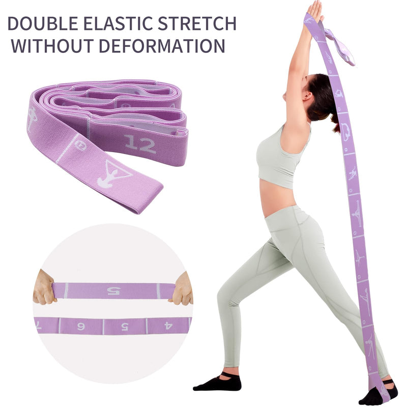 Multi-Functional Slimming Resistance Bands Yoga Straps Elastic Stretching Band 10/12 Loops for Pilates, Latin Training, Dance, Gymnastics, Fitness, Ballet and Physical Therapy Purple 12 Grids