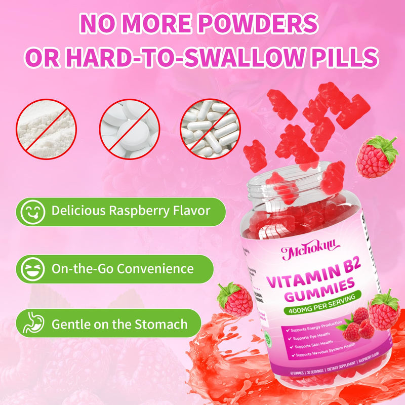 Vitamin B2 Gummies 400mg – Riboflavin Supplement with Magnesium for Kids & Adults | Supports Nervous System & Energy Production | Sugar Free, Vegan, Non-GMO, Raspberry Flavor - 60 Count 60 Count (Pack of 1)