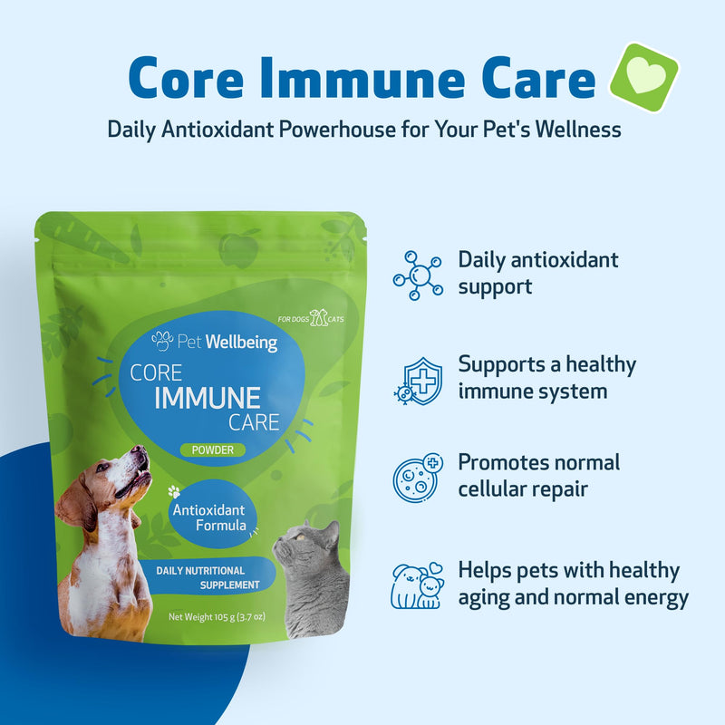Pet Wellbeing Core Immune Care for Dogs & Cats - Daily Antioxidant Support for Pets of All Ages - Vet-Formulated - 3.7 oz (105 g) Powder - BeesActive Australia