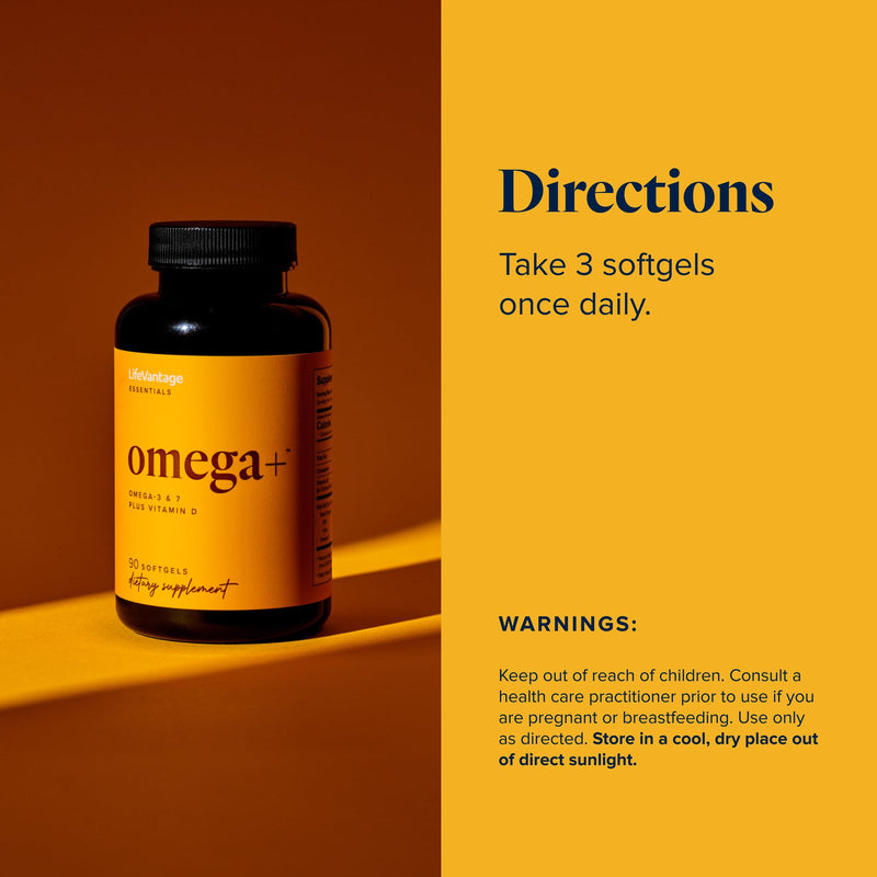 LifeVantage - Omega+ - Supplement 3-in-1 Blend of Omega-3 & 7, Vitamin D and for Brain, Cardiovascular, Skin Health and Immunity - 90 Softgels
