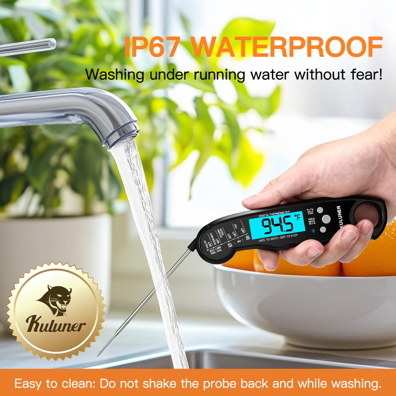 KULUNER TP-01 Waterproof Digital Instant Read Meat Thermometer with 4.6 Folding Probe Backlight Calibration Function for Cooking Food Candy, BBQ Grill, Liquids,Beef(Black) Black - BeesActive Australia
