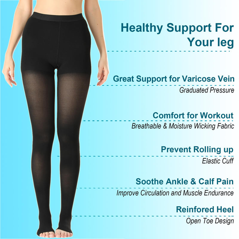 Medical Compression Pantyhose For Women & Men,20-30 mmHg Medical Grade Support Hose Tights For DVT,Pregnancy,Varicose Veins,Relief Shin Splints,Edema,Swelling Open Toe Black Medium