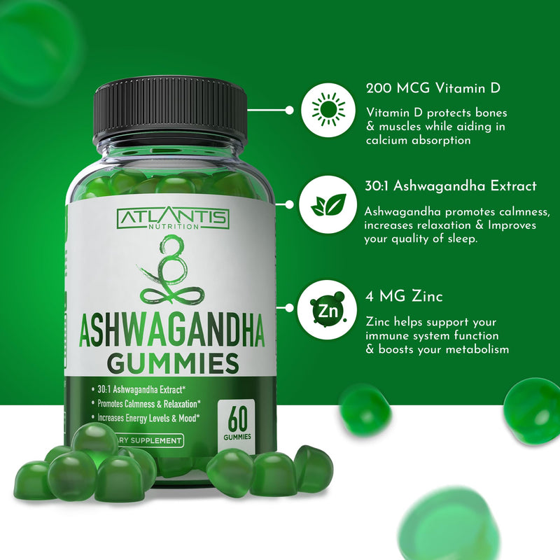 Atlantis Nutrition Ashwagandha Gummies - Ashwagandha Extract 30:1 - Promotes Calmness, Improves Mood, Boosts Energy Levels & Strengthens Immune System - Formulated w/Vitamin D & Zinc - Vegan | 60 Ct