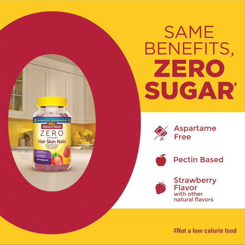 Nature Made Zero Sugar Hair Skin Nails Gummies, 120 Sugar Free Gummies | Biotin 2500 mcg per Serving, Support Healthy Hair, Skin and Nails, Strawberry Flavor, 60 Day Supply 120 Count (Pack of 1)