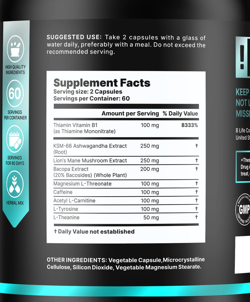 Lion’s Mane Mushroom Capsules – Memory, Focus & Clarity – Nootropic Brain Supplement with Ashwagandha, Thiamin (B1), Magnesium L-Threonate – Cognitive and Brain Support for Mental Energy, 120 Caps 120 Count (Pack of 1)