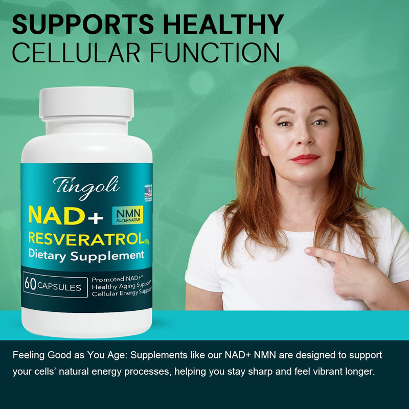 NAD+ Resveratrol Supplement with Quercetin – NMN Alternative for Cellular Energy Support, Focus & Healthy Aging – High Potency 500mg NAD+ Formula, Vegan, Non-GMO, Gluten-Free, Made in USA, 60 Capsules