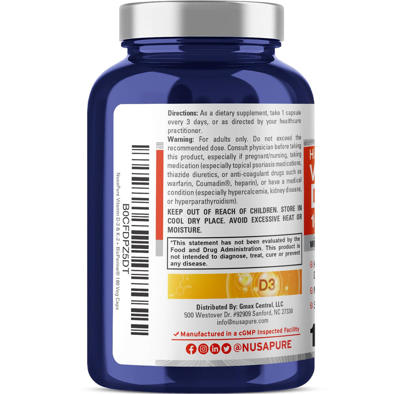 Vitamin D3 & K-2, 10000 IU, Non-GMO, 200mcg, 180 Veg Caps - 180 Servings | Dietary Supplement Formula, Added BioPerine, Suitable for Adults, Vegan, Manufactured in a cGMP Registered Facility USA