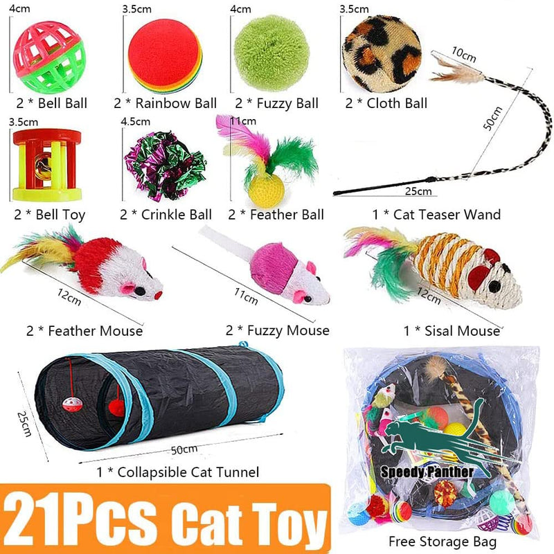 21 Pcs Cat Toys for Indoor Cats Collapsible Cat Tunnel Interactive Feather Teaser Wand Ball Toy for Kitten Cats Black - BeesActive Australia