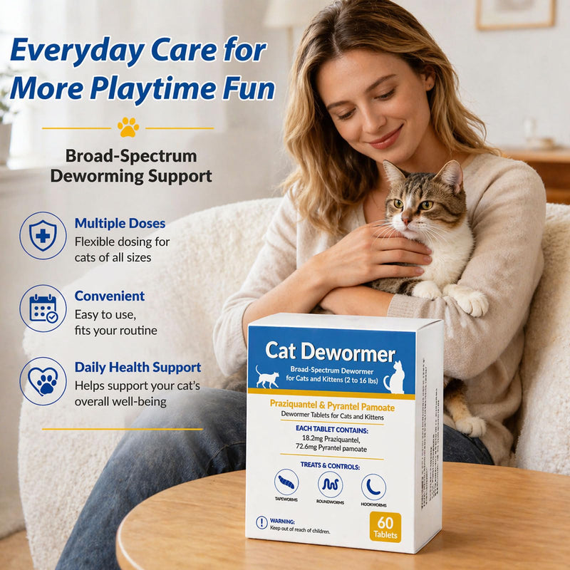 Broad Spectrum Cat & Kitten Dewormer – Praziquantel & Pyrantel Pamoate for Tapeworms, Roundworms & Hookworms (60 Tablets)
