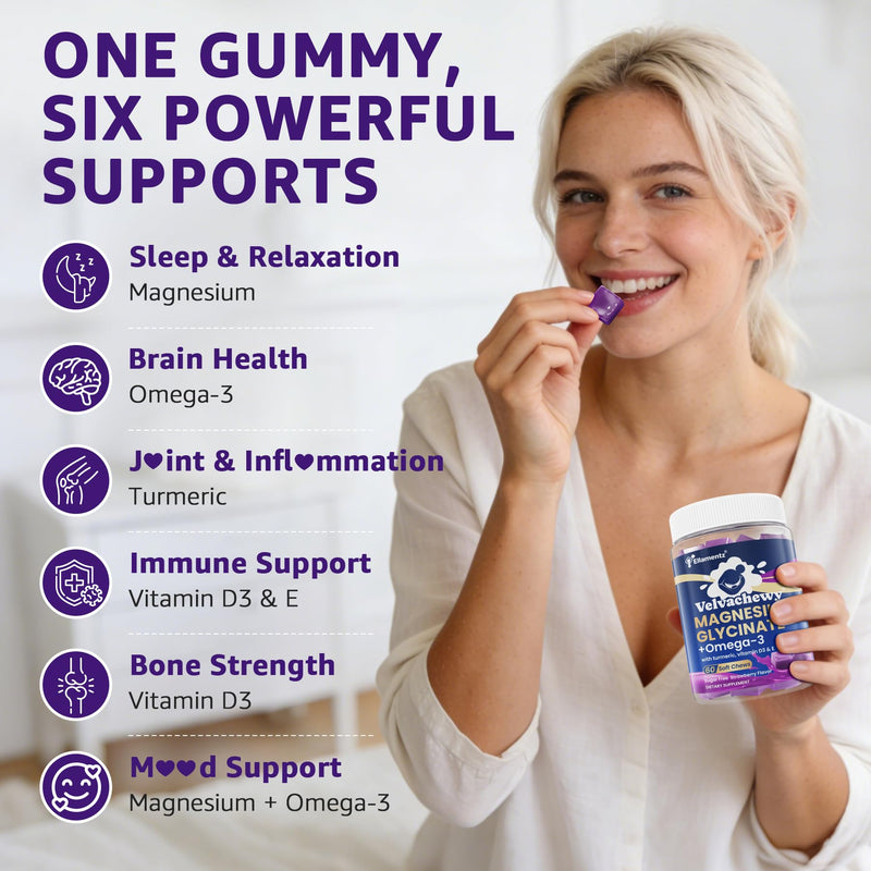 Magnesium Glycinate Gummies 500mg - Magnesium Soft Chews for Adults | Magnesium with Omega-3, Turmeric, Vitamin D3 & E | for Sleep, Muscle & Brain | Pack of 1, 60 Counts ﻿