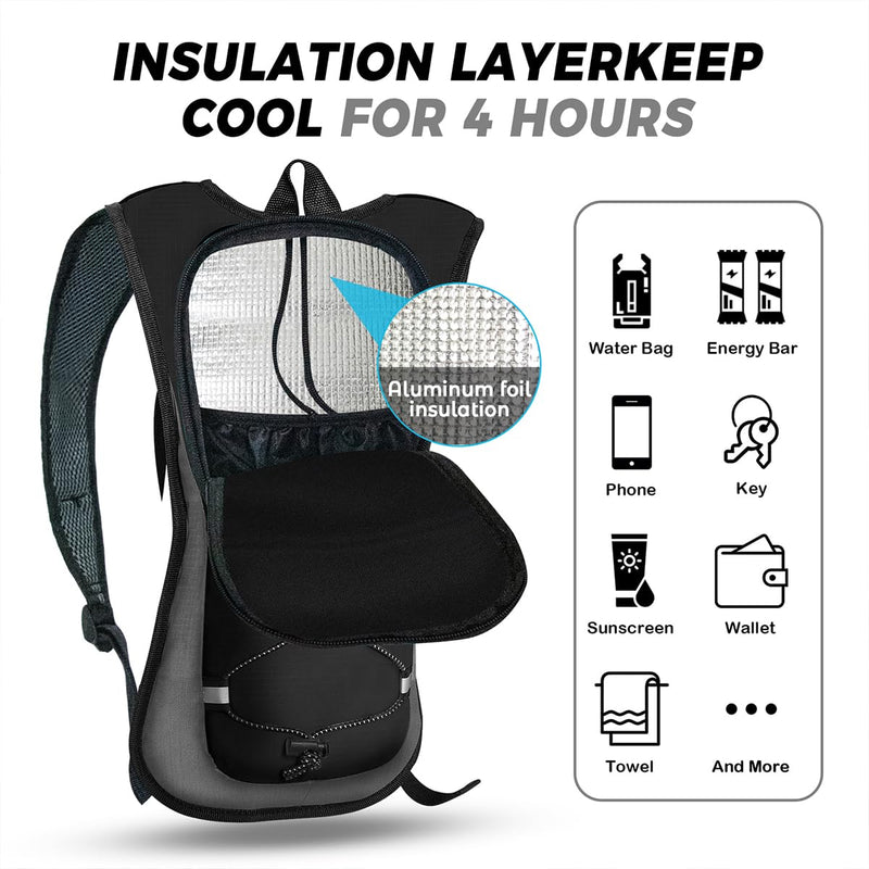 Hydration Backpack Hydration Pack Water Backpack with 2L(70-Ounce) Hydration Bladder for Men Women Kids for Running Hiking Biking Climbing Black-Gray