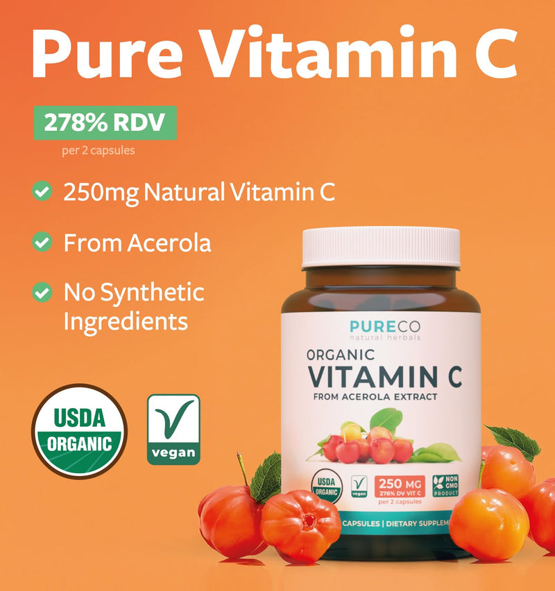 Certified Organic Vitamin C Supplement - Whole Food Acerola Vitamin C Immune Support Supplement for Seasonal Wellness with Naturally Occurring Bioflavonoids Polyphenols & Cofactors (1 Month Supply) Organic Vitamin C 60 Count