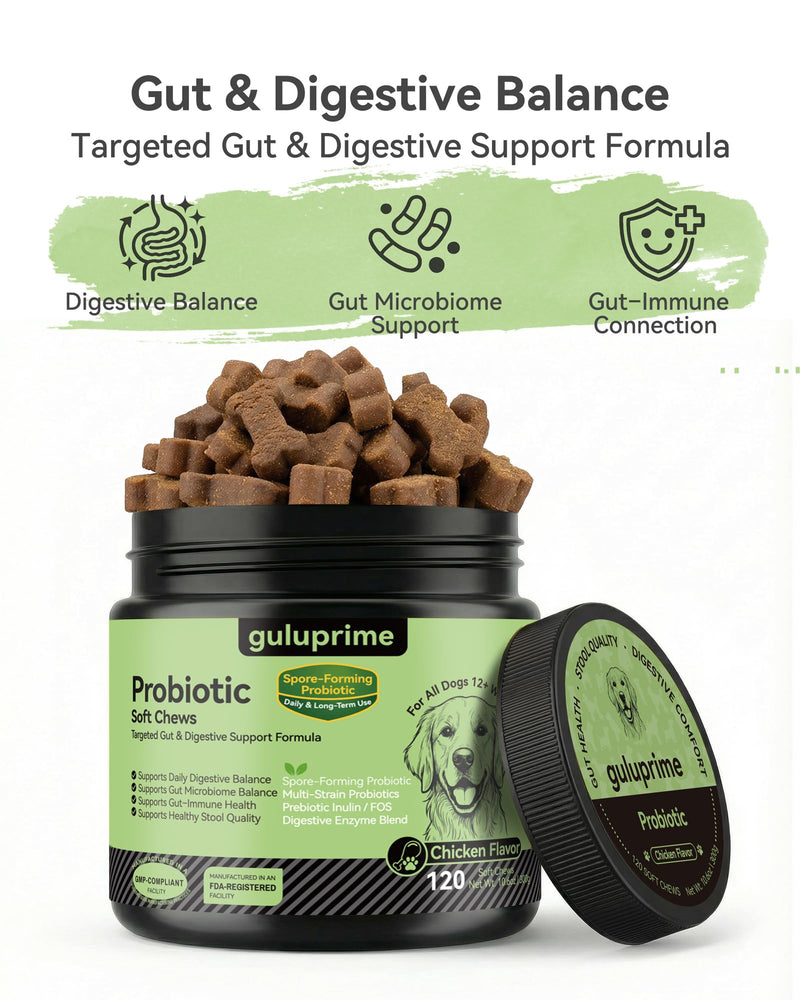 Probiotics & Prebiotics Soft Chews for Dogs – Daily Gut & Digestive Support, Spore-Forming Probiotic with Multi-Strain Lactobacillus, Prebiotic Inulin/FOS, Chicken Flavor, 120 Chews