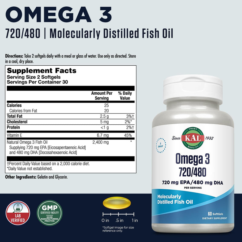 KAL Omega 3 Fish Oil - Eye, Brain, and Joint Support Supplement - Molecularly Distilled and Lab Verified - 30 Servings, 60 Softgels