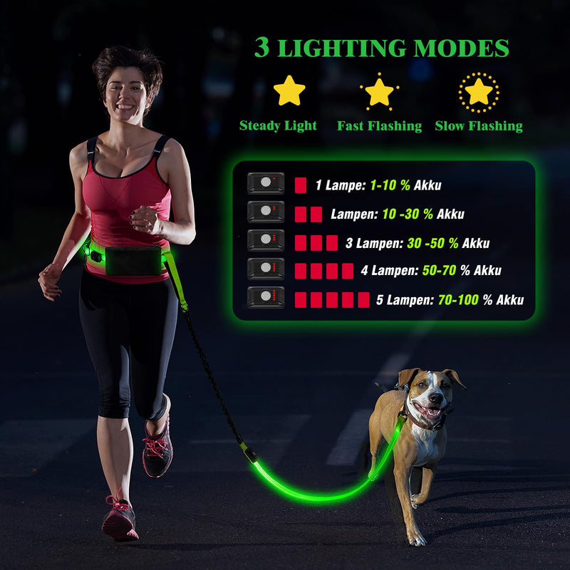 LED Hands Free Dog Leash, Waist Leash for Dog Walking, Retractable Bungee Light Up Dog Leash, LED Handless Dog Running Leash, Reflective Running Leash for Jogging Training Hiking (Green) Green