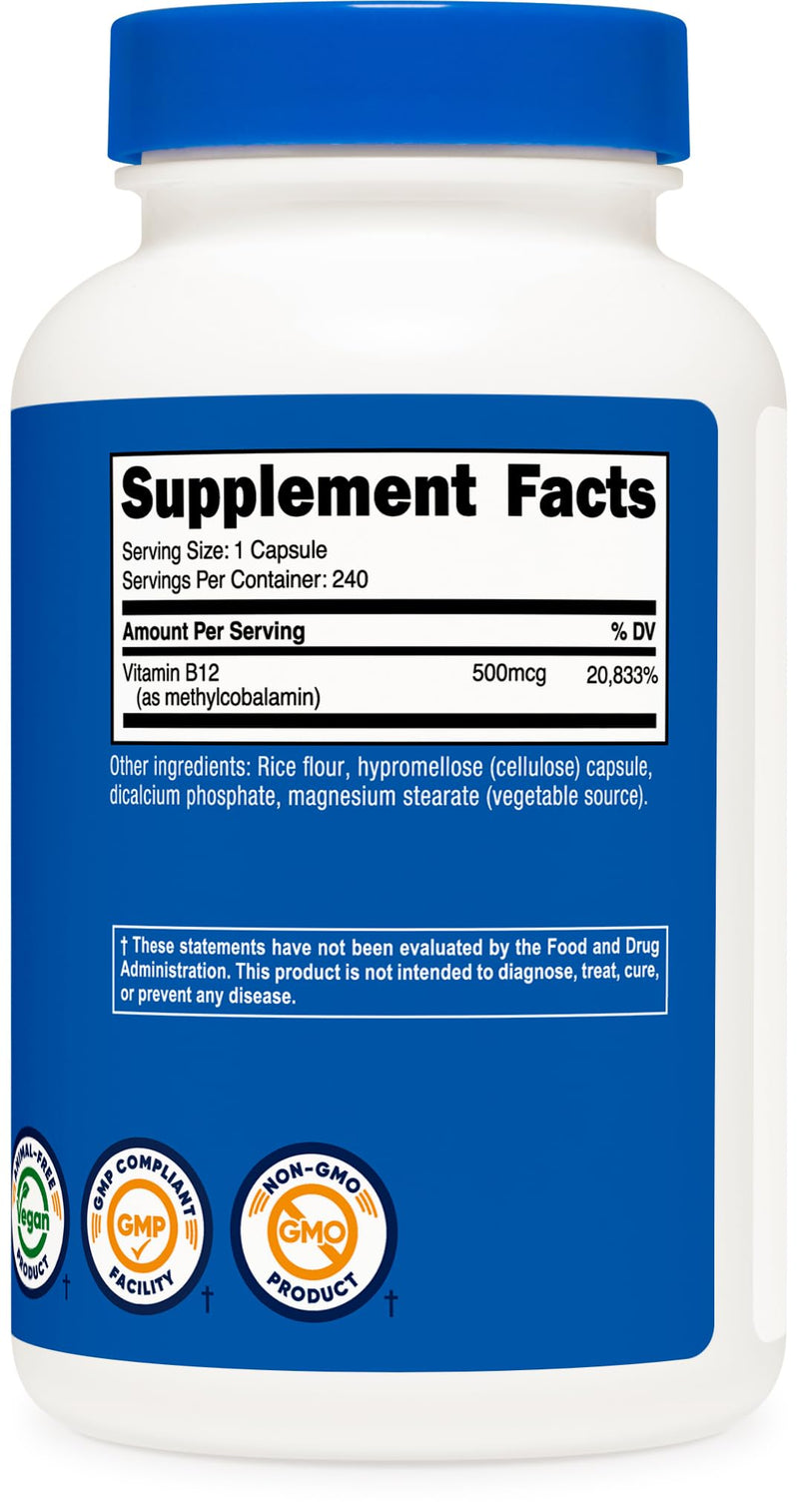 Nutricost Vitamin B12 Supplement (500mcg) 240 Capsules, Methylcobalamin | Vegan, GMO-Free, Gluten-Free