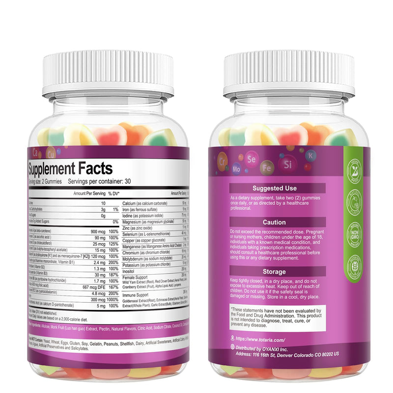 Totaria Sugar Free Womens Multivitamin Gummies with Iron, Women's Multivitamin w/Vitamins C, D3 K2, B12, B6, Filled Gummies for Daily Nutritional Support| Immune Support| Skin Health, Mixed Flavors 60 Count (Pack of 1)
