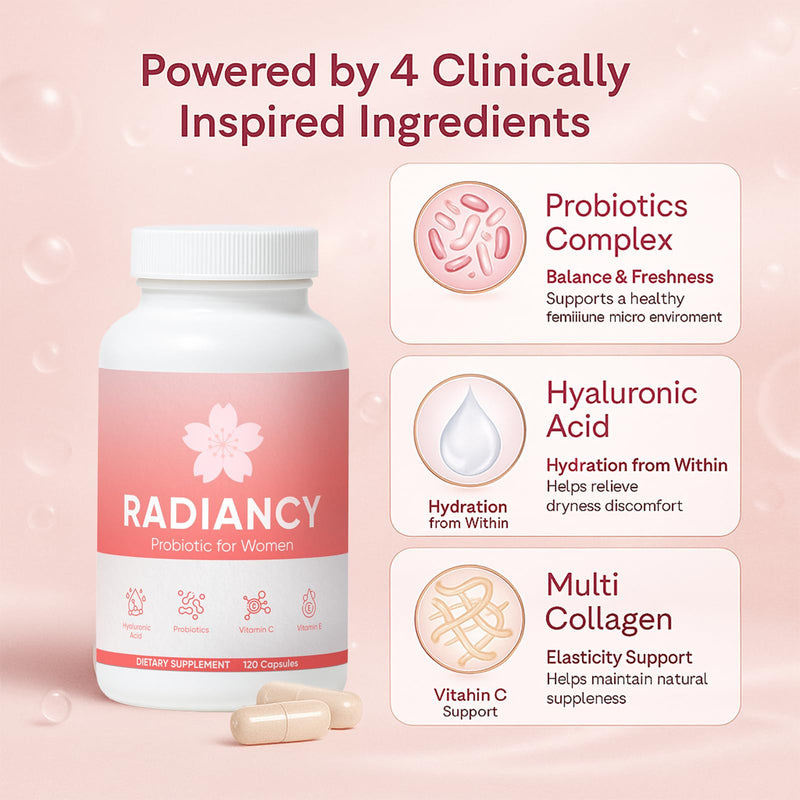 Radiancy Probiotic for Women, Daily Supplement with Multi-Collagen, Hyaluronic Acid, Prebiotics, Vitamin C - 120 Count (1) 1