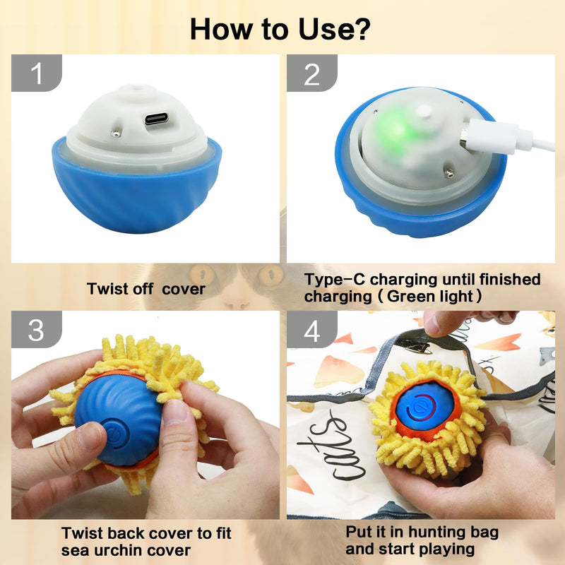 Interactive Cat Toys for Indoor Cats, Sea Urchin Smart Bouncing Ball Fast Rolling with Light, Automatic Moving Cat Ball Toys Hide and Seek Game in 28 Inch Pouch White - BeesActive Australia