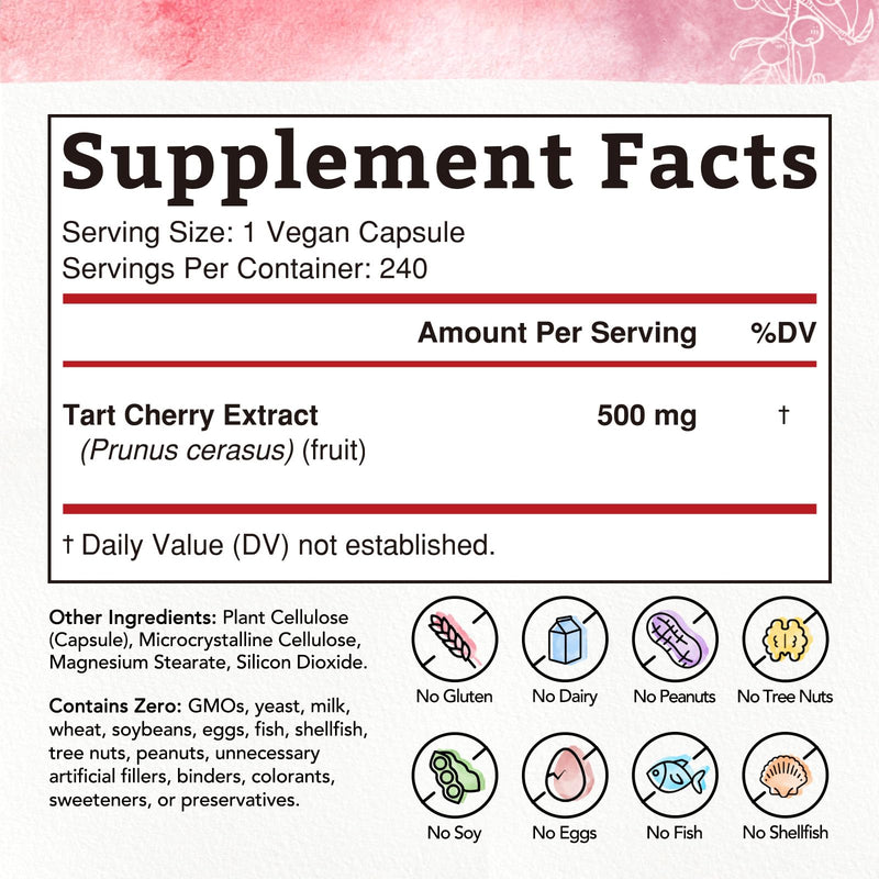 Tart Cherry Capsule, 500mg Extract Per Capsule, 240 Capsules | Made from Montmorency Tart Cherries, Powerful Uric Acid Cleanse, Antioxidant Support, 2 Month Supply 240 Count (Pack of 1)
