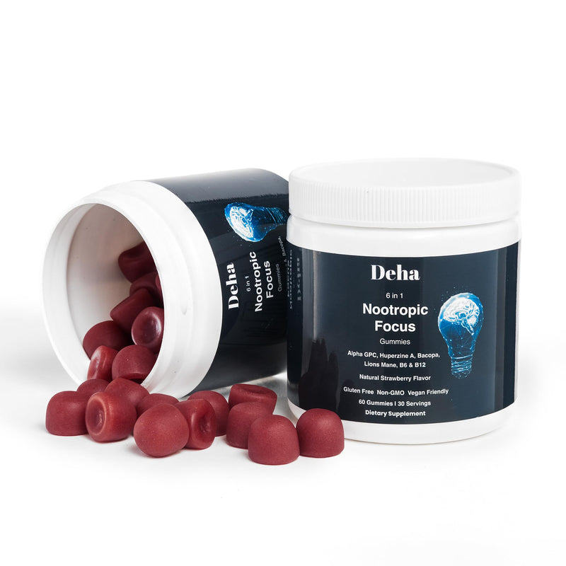 Deha Focus Gummies Nootropic Brain Supplement with Vitamin B6 Vitamin B12, Alpha GPC, Huperzine A, Bacopa Monnieri, Lions Mane Mushroom Gummies – Vegan, Non-GMO, Gluten-Free – 60 Gummies