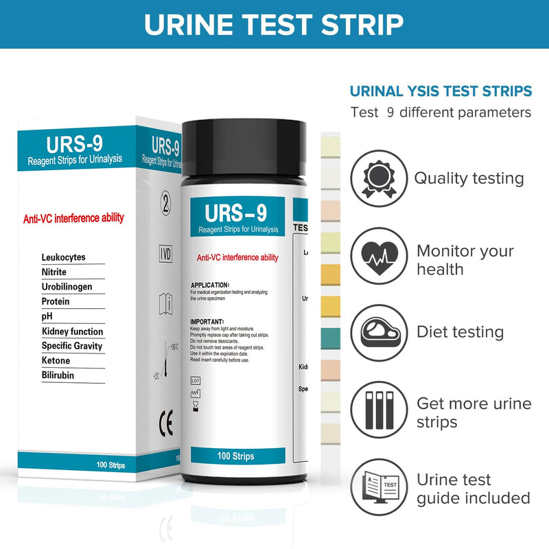 URS 9-in-1 Urine Test Strips 9 Parameters Testing UTI, Protein/Leukocytes/Nitrite/pH, 100 CT - BeesActive Australia