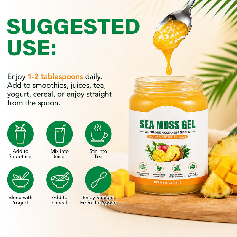 Wildcrafted Organic Sea Moss Gel, Mango & Pineapple Flavor, 16 oz | Sea Moss Gel, Rich in Nutrients, Vegan, Non-GMO