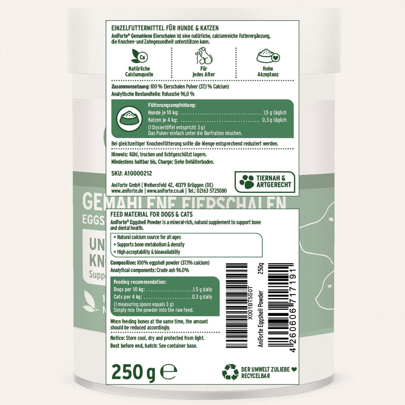 AniForte Egg Shell Powder 250g Calcium for Dogs & Cats - Natural Calcium Source, Supports Bones & Teeth, Egg Shell Powder for Barf, High Bioavailability 250 g (Pack of 1)