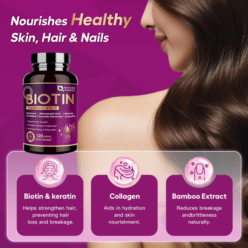 NATURE TARGET Biotin 10,000 mcg Hair Growth Vitamins 120 Veggie Capsules | With Collagen & Keratin, Fo-Ti, MSM, Zinc & B Vitamins; Supports Thicker, Stronger Hair, Skin & Nails 120 Count (Pack of 1)