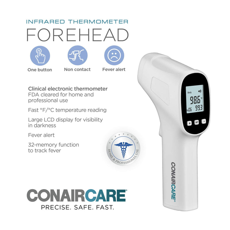 Conair Digital Thermometer for Adults and Kids, Forehead Thermometer, No Contact with Large LCD Display Infared Thermomter with Fever Alert and Memory Function