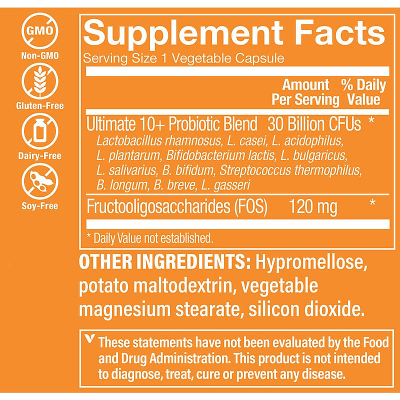 The Vitamin Shoppe Ultimate 10+ Probiotics 30 Billion CFU - 10 Probiotic Strains for Digestive Health, Immune & Gut Support (30 Vegetable Capsules) 1 Count (Pack of 1)