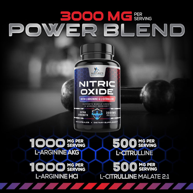 Nitric Oxide Booster Extra Strength - 3X Strength L-Arginine & Citrulline Supplement - Best Nitric Oxide Supplements for Men - Supports Muscle, Heart Health, Energy - Bottled in USA - 120 Capsules 120 Count (Pack of 1)