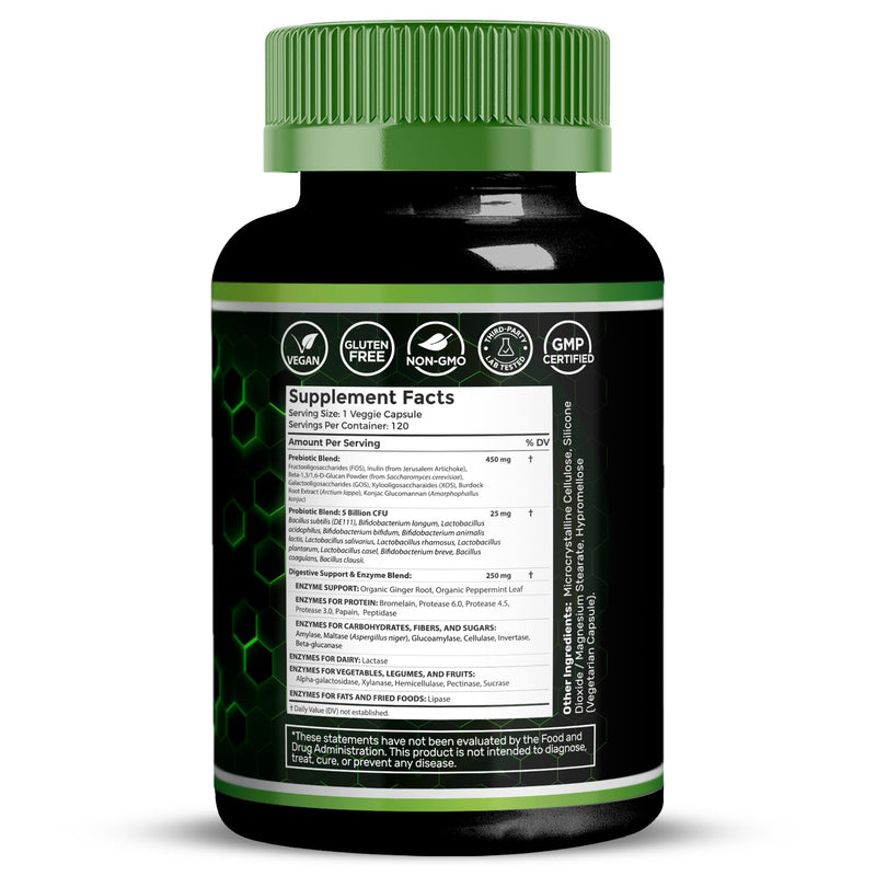 Digestive Enzymes with Probiotics and Prebiotics 450mg, 240 Count | 5 Billion CFU, Women & Men, Gut Health, Bloating & Digestion Support, Enzimas Digestivas, 2 Pack 120 Count (Pack of 2)