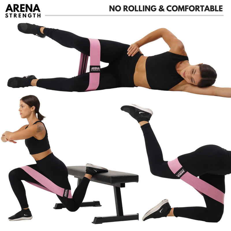 Arena Strength Fabric Booty Bands - Fabric Exercise Bands for Legs and Butt | Fabric Resistance Bands | Hip Resistance Bands with Workout Guide and Carry Case Gray, Pink, Black