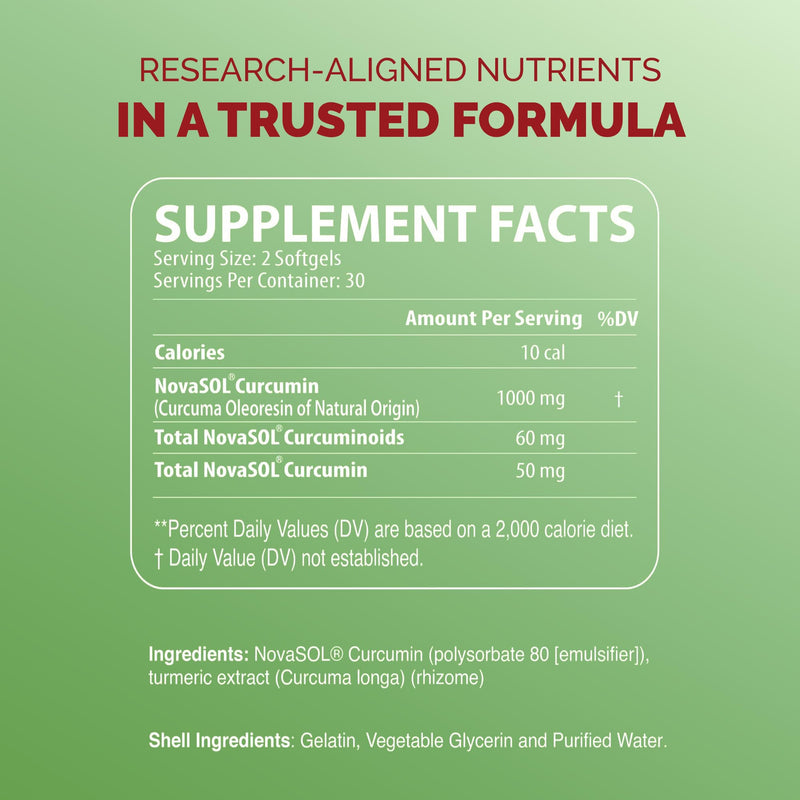 NutriCumin NovaSOL Turmeric Curcumin - 60 Softgels | Features Liposomal Delivery, Easy-to-Swallow Softgels, Allergen-Free Formula for Daily Joint and Mobility Support