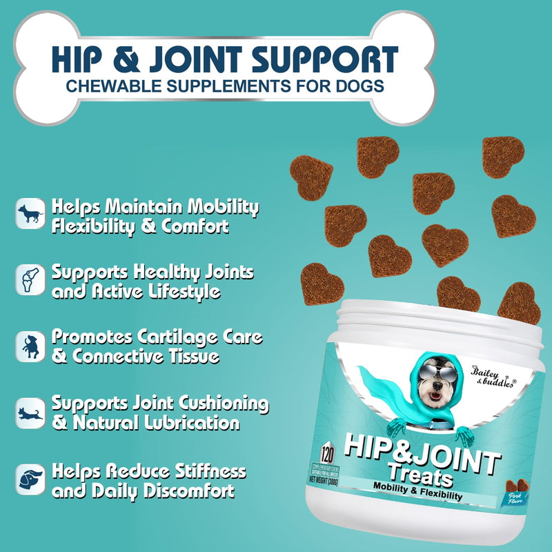 Bailey & Buddies Hip and Joint Supplement for Dogs, 120 Soft Chews with Glucosamine, Chondroitin, MSM and Green-Lipped Mussel, Joint Support for Senior Dogs and All Breeds - Chicken Flavor