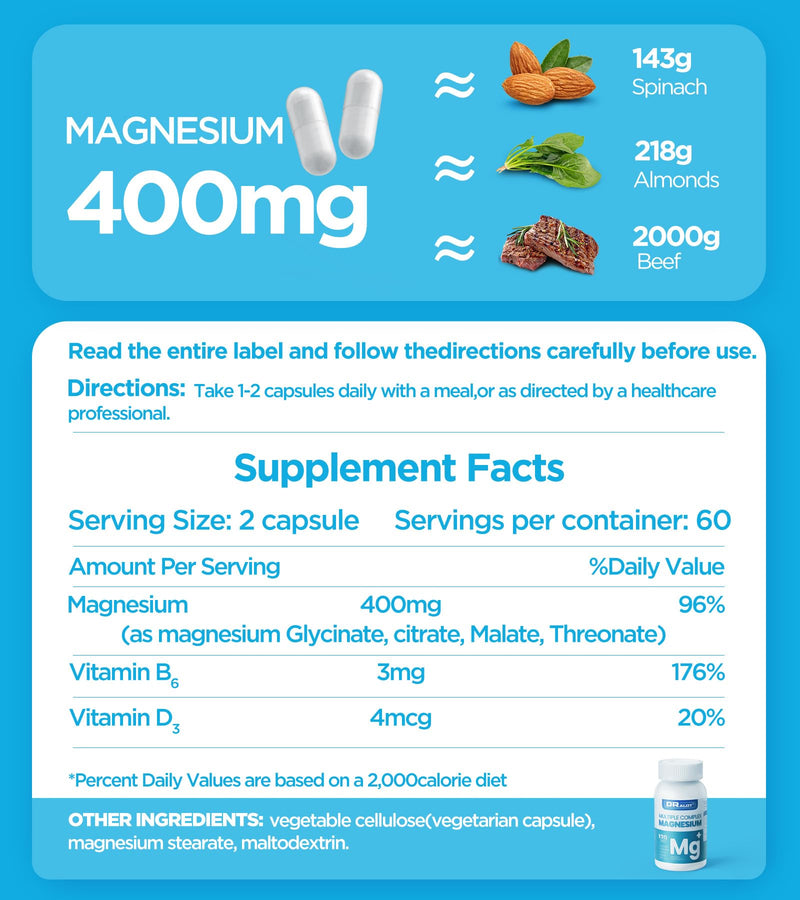 Quadruple Magnesium Supplement, 400mg of Chelate Magnesium Glycinate, L-threonate, Citrate & Malate | Max Absorption Complex w/Vitamin D3 & B6, for Sleep Heart Muscles Nerves, Non-GMO, 120 Vegan Caps 120 Count (Pack of 1)