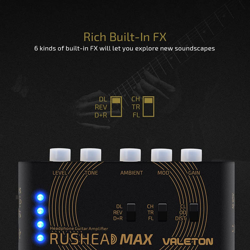 Valeton Rushead Max USB Chargable Portable Pocket Guitar Bass Headphone Amp Carry-On Bedroom Plug-In Multi-Effects